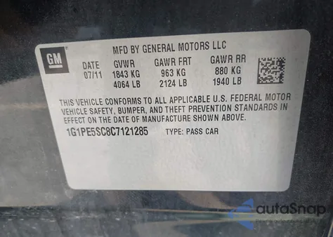 2012 Chevrolet Cruze Lt из США, поврежденный, VIN 1G1PE5SC8C7121285